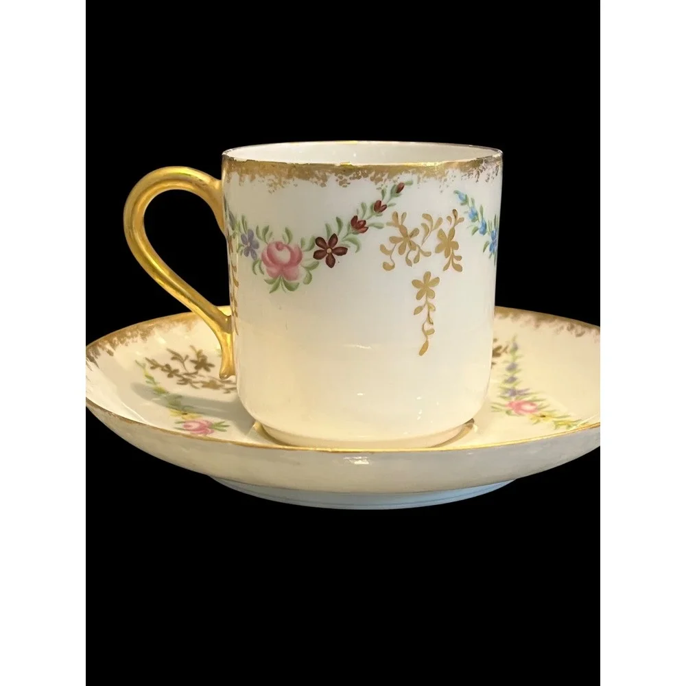 Haviland & Co Limoges France Floral Gold Gilt Demitasse Cup and Saucer Set